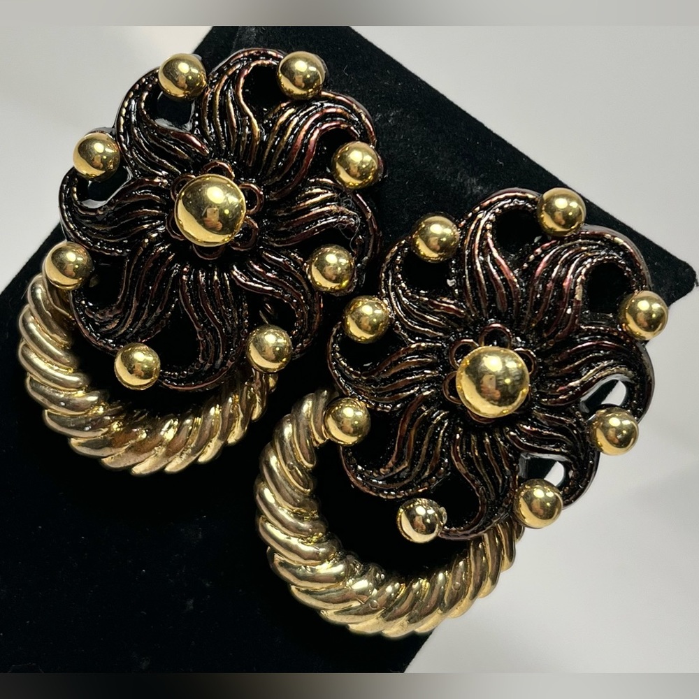 Gold and Black Floral Earrings
